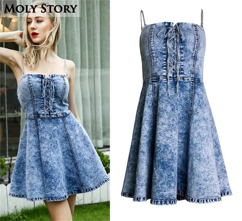 denim strap dress