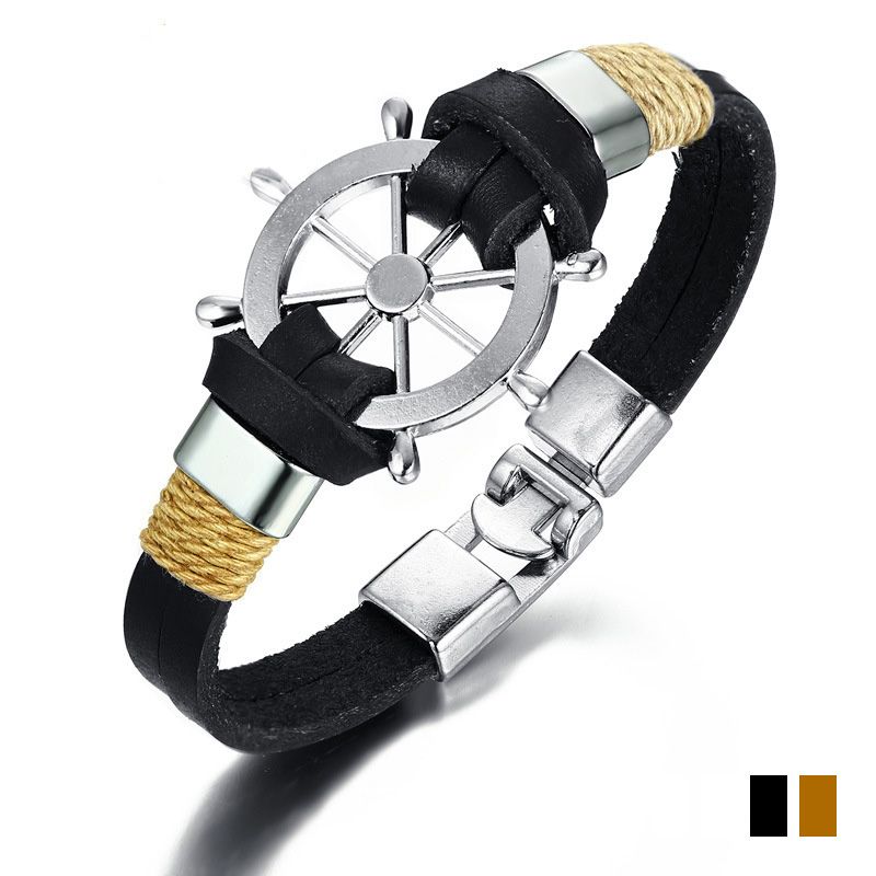 Black Mens Helm Leather Charm Bracelet With Alloy Helm Charm Leather Cuff Bracelet For Men 20cm Length 2 Colors