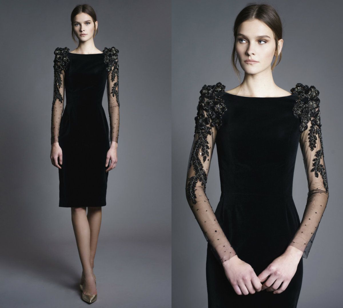 Chana Marelus Black Cockatail Dresses Long Sleeve Slim Fit 3D Floral ...