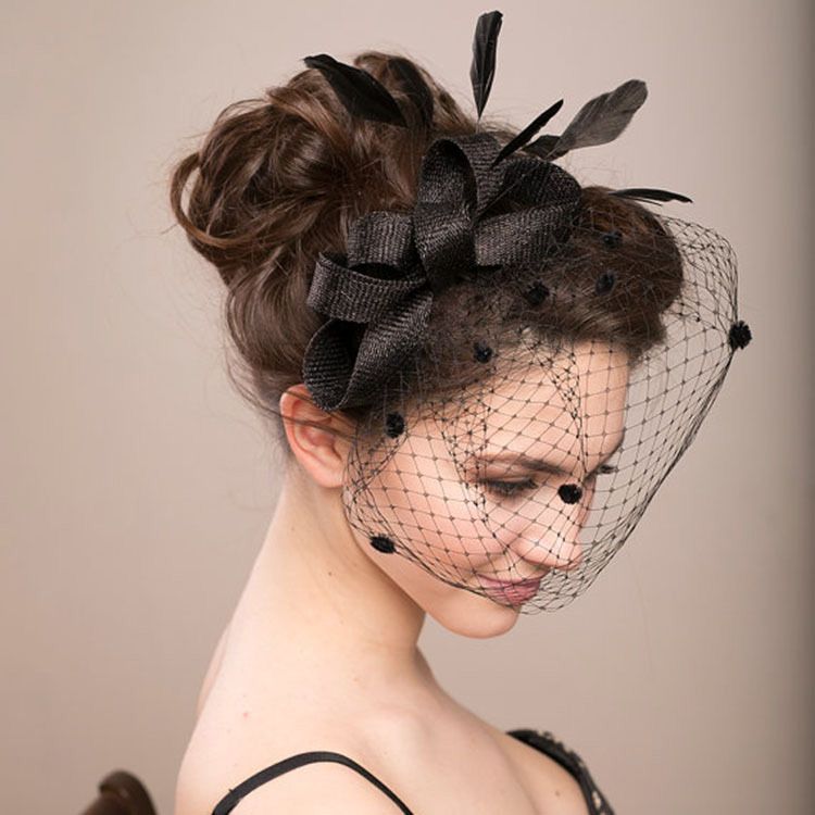 Noble Bowknot Decoration White Black Bird Cage Veil Short Hair