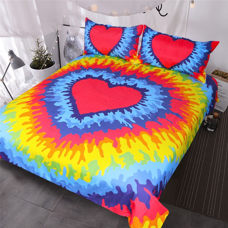 Rainbow Tie Dye Bedding Set Red Heart Duvet Cover Set Psychedelic