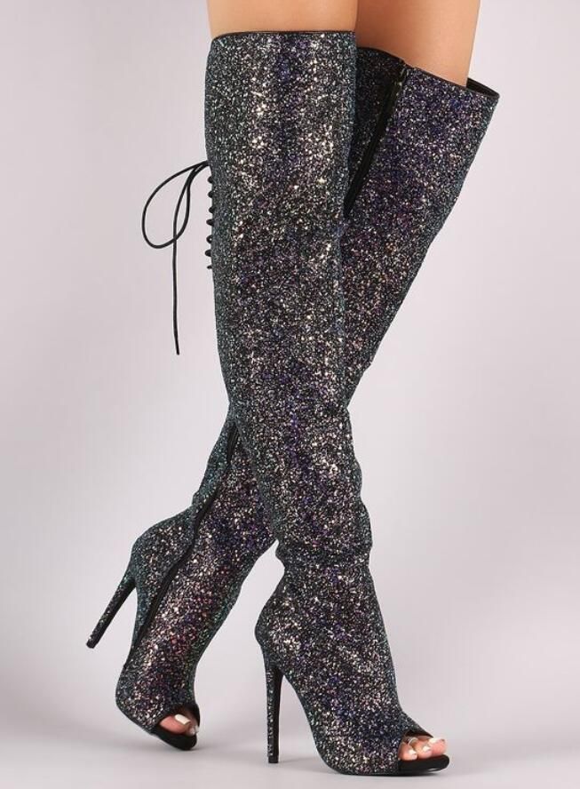 thigh high glitter heels