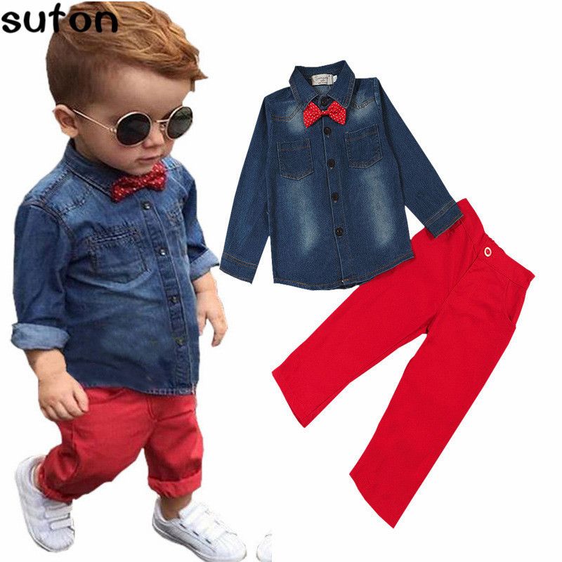 2018 Spring Fashion Casual Children's Ropa Set Baby Boys Ropa de algodón Denim Manga larga camisas + Pantalones rojos Ropa niños 3-8Y Y1893004