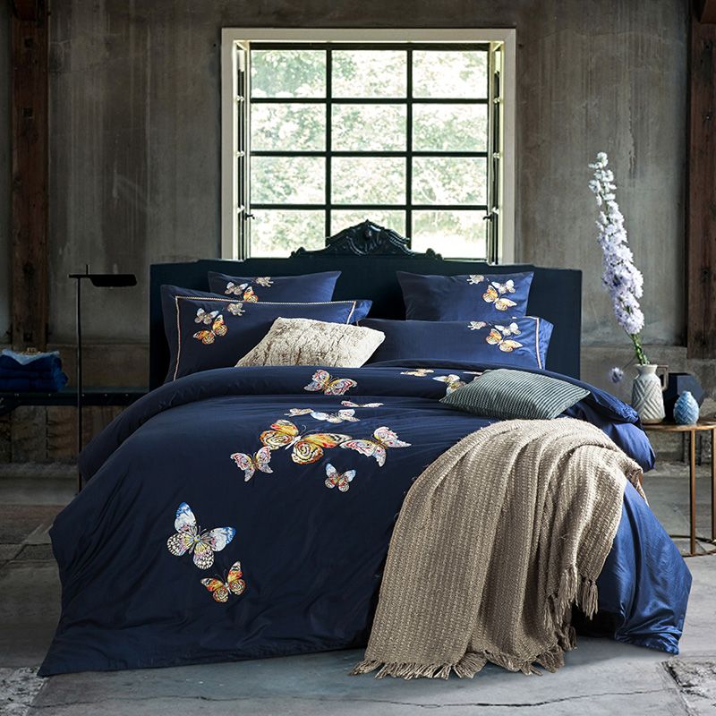 Bedding Set Embroidered Quilt Cover Blue Sheet Queen King Duvet