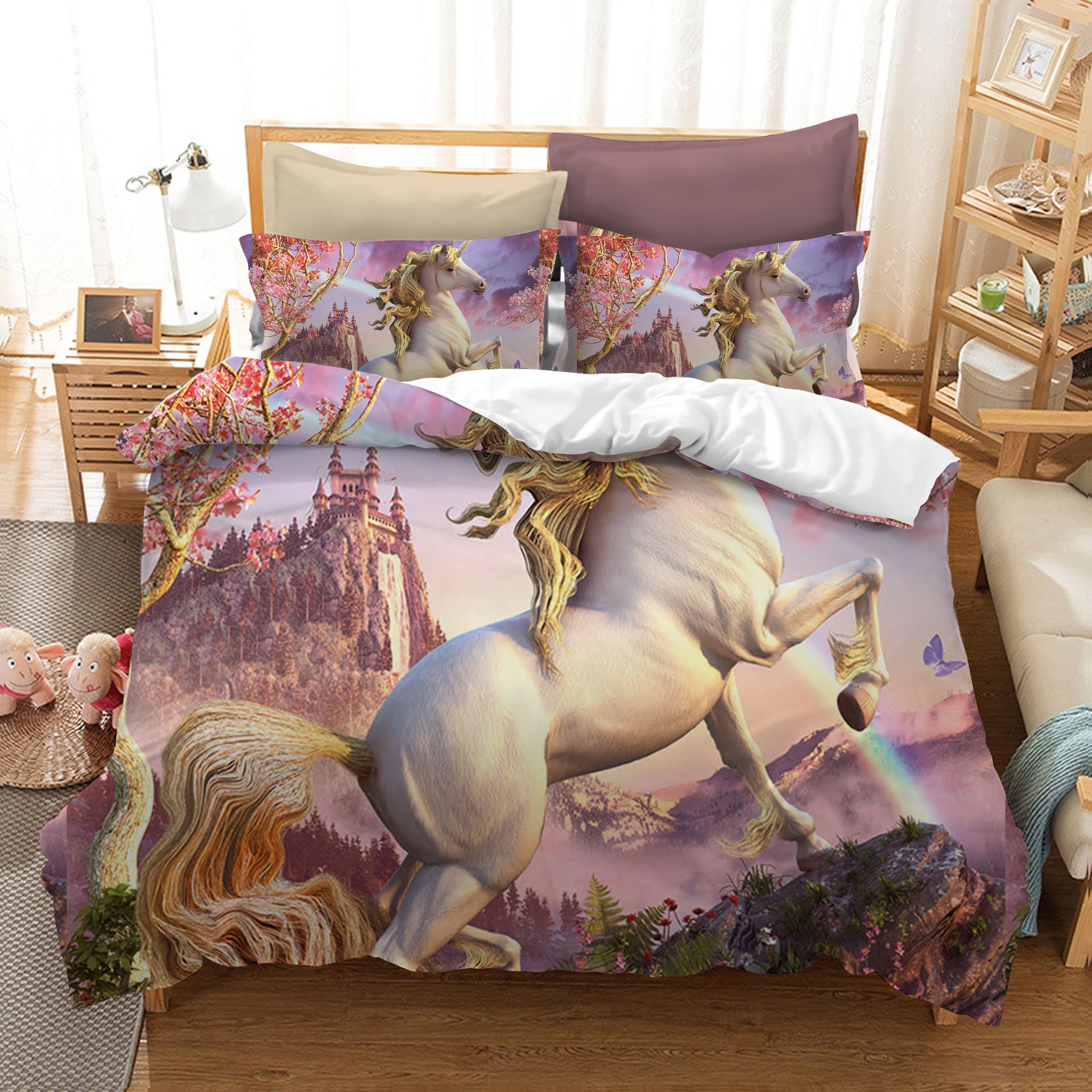 High Quality 3d Floral Unicorn Bedding Set Rainbow Duvet Cover