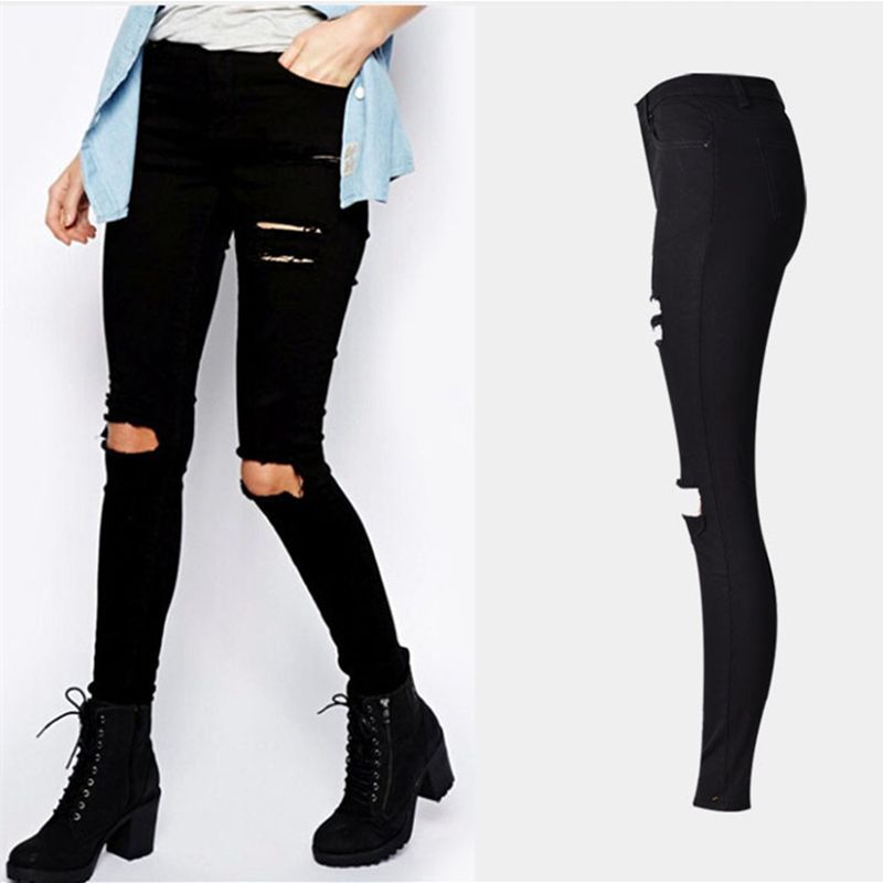 Compra 2016 Nueva Moda Pantalones Vaqueros Del Agujero Negro Mujer Ripped  Jeans Para Mujeres Mujer Femme Denim Jean Pantalones Pantalones Rayados  Feminino Barato | Entrega Rápida Y Calidad | Es.Dhgate