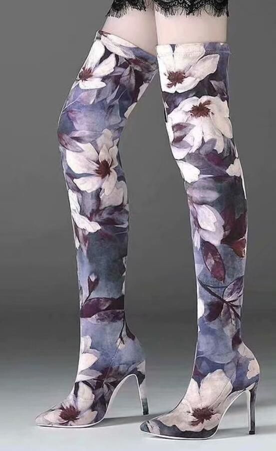 flower thigh high boots