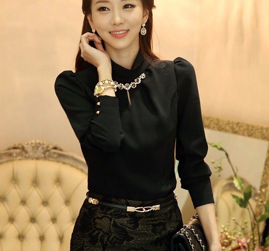 coreano otoño elegante blusas gasa puff manga larga diamante cuello alto camisas mujer