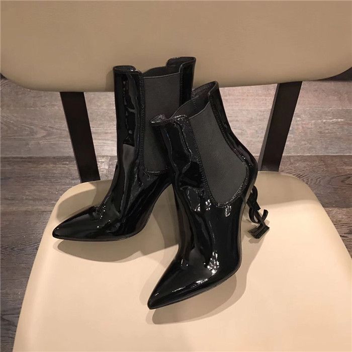 Noir Bottines De Cuir Hauts Lettre Pointu Slip Courtes Talons Thrill Mode En On Piste De Talon Chaussures Dames Verni Femmes Acheter Bout Bottes QxordCtshB