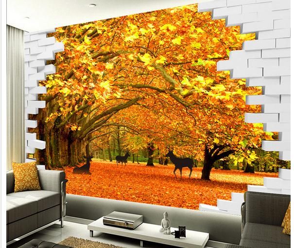 3D Waterfall Red Maple Self-adhesive Wallpaper Wall Painting TV Background Mural