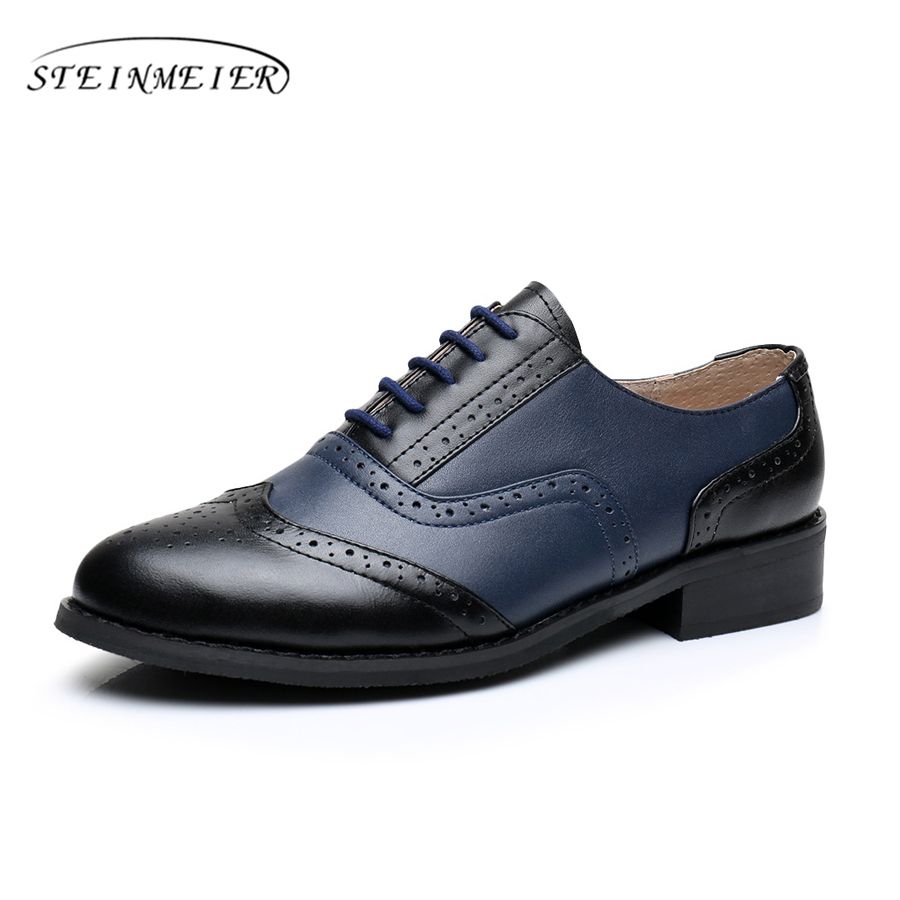 Women Flat Leather Oxford Shoes Woman Handmade Us 10 Black Blue