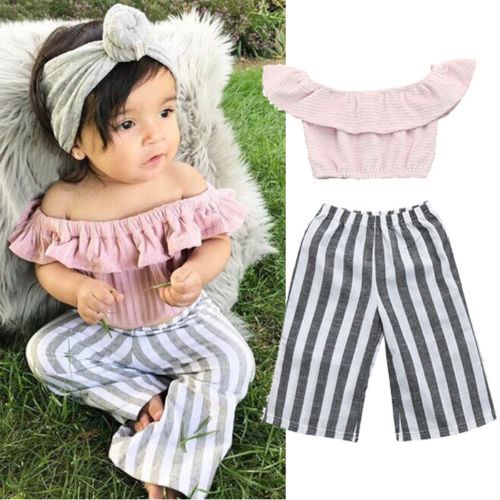Kids Girls Summer Clothes White Off-Shoulder Ruffle Tops with Bow Stripe Trousers Toddler 2Pcs Outfits Set