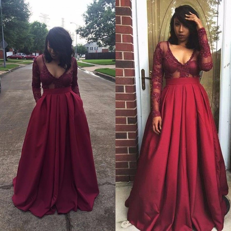 burgundy long sleeve evening gown