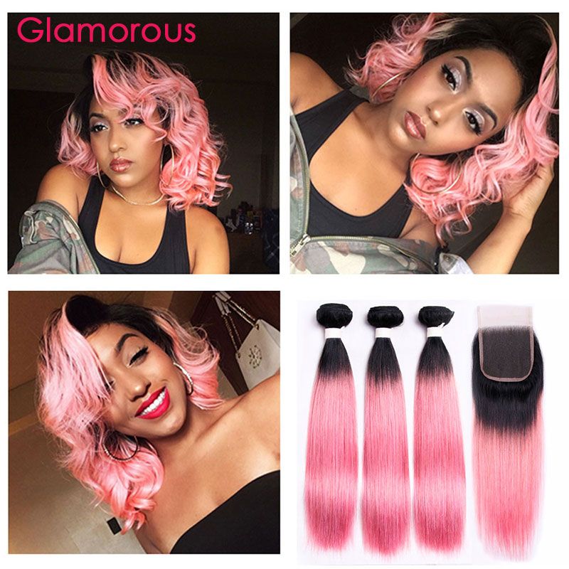2019 Ombre Pink Hair Weave 3 Bundles With Closure 1b Pink Two
