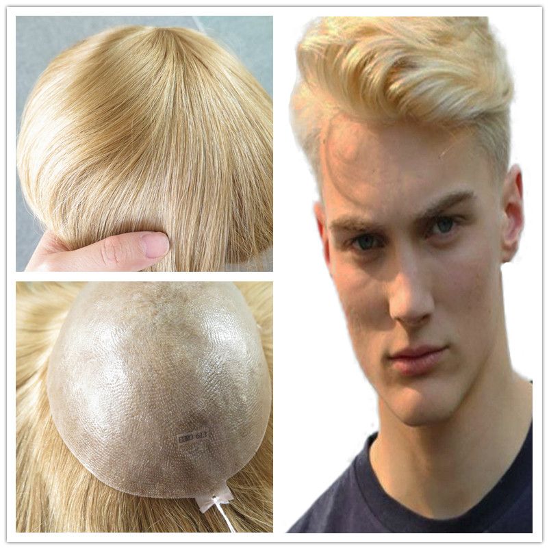 European Natural Hair Toupee for Men Blonde Human Hair Men Toupee 613 Color  Straight Full PU Base Mens Toupee Hair Replacement System