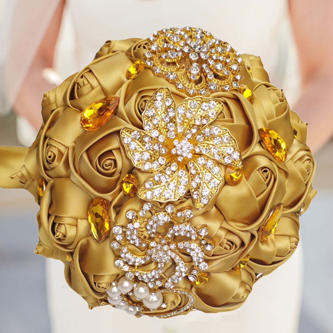 18CM Luxury Golden Crystal Brooch Wedding Bouquet Gold Satin Rose