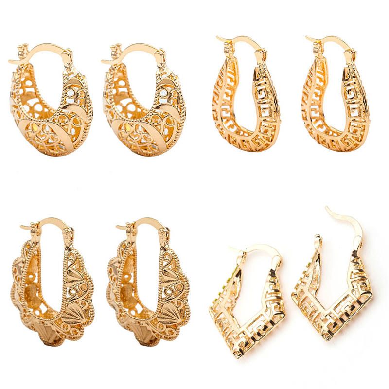 2020 New Design U Shape Hoop Earrings Gold Color Hollow Flower