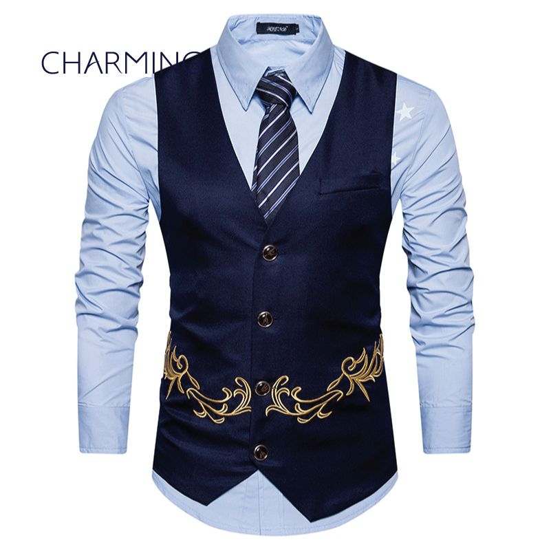 Mens Formal Vest Fashion Embroidery Design Sleeveless Vests Mens