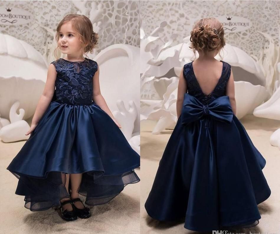 2019 Hi-Lo Azul marino asimétrico Joya para Vestidos Vestidos para niñas con