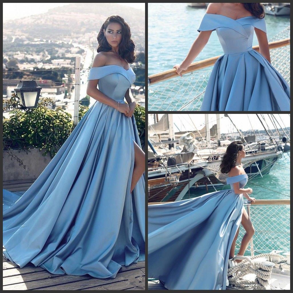 Compra Modernos Árabes De Color Azul Claro Vestidos Formales De Noche 2019  Nuevo Elegante Fuera Del Hombro Frontal Dividir Vestidos Largos De Fiesta  Largos Vestido De Novia Barato | Entrega Rápida Y