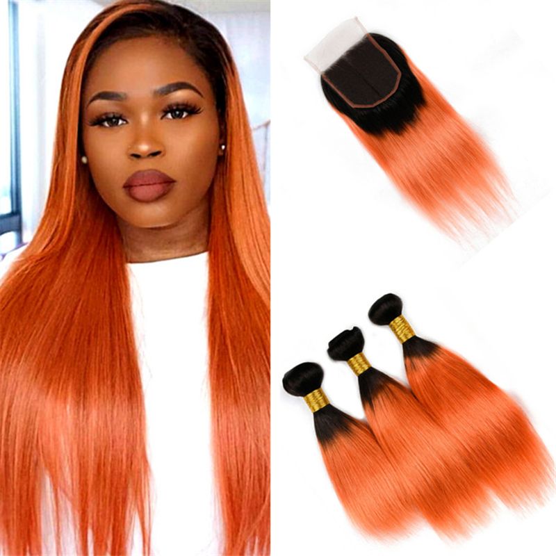 2019 Silky Straight Orange Ombre Hair Bundles With Lace Closure