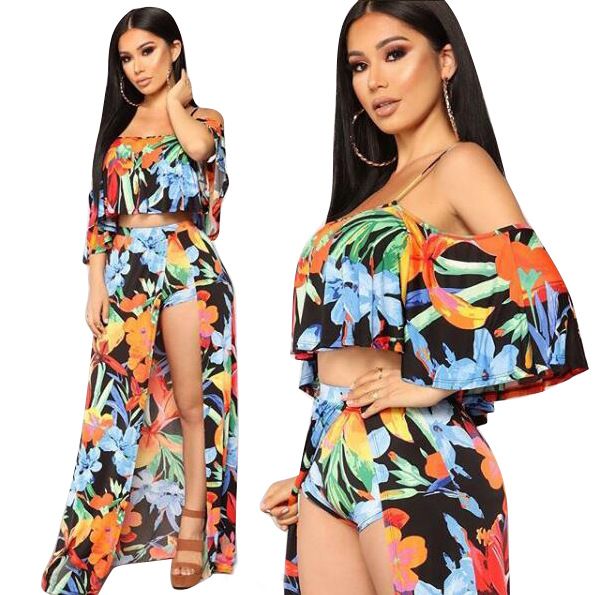 Vestidos largos con estampado de verano 2018 Conjuntos de dos piezas con estilo