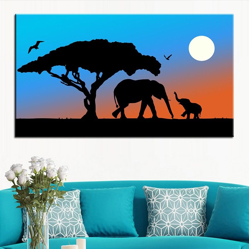 2020 Large Size Printing Oil Painting Mother And Baby Elephant