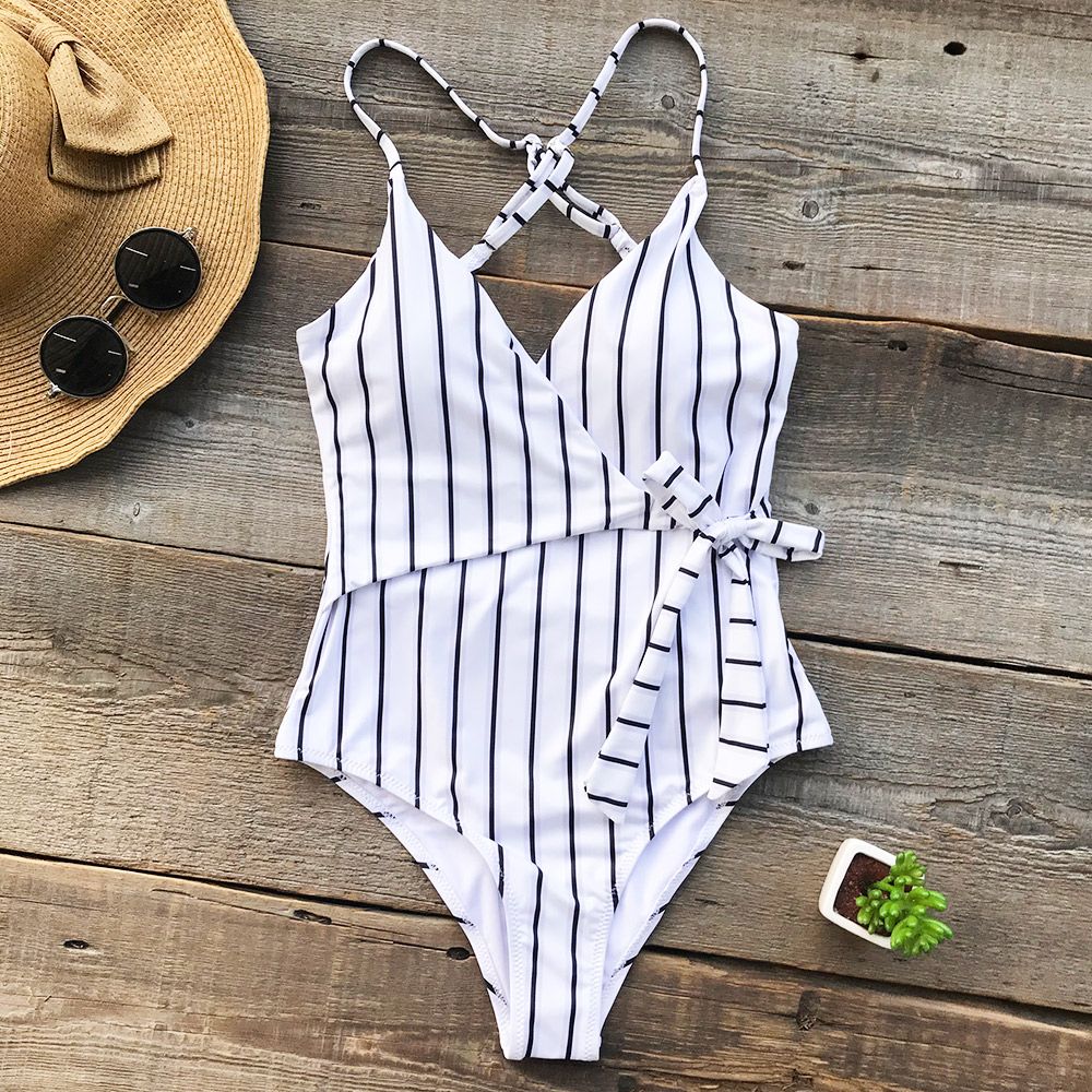 2021 Young Stripe One Piece Swimsuit Deep V Neck Summer Sexy Backless ...