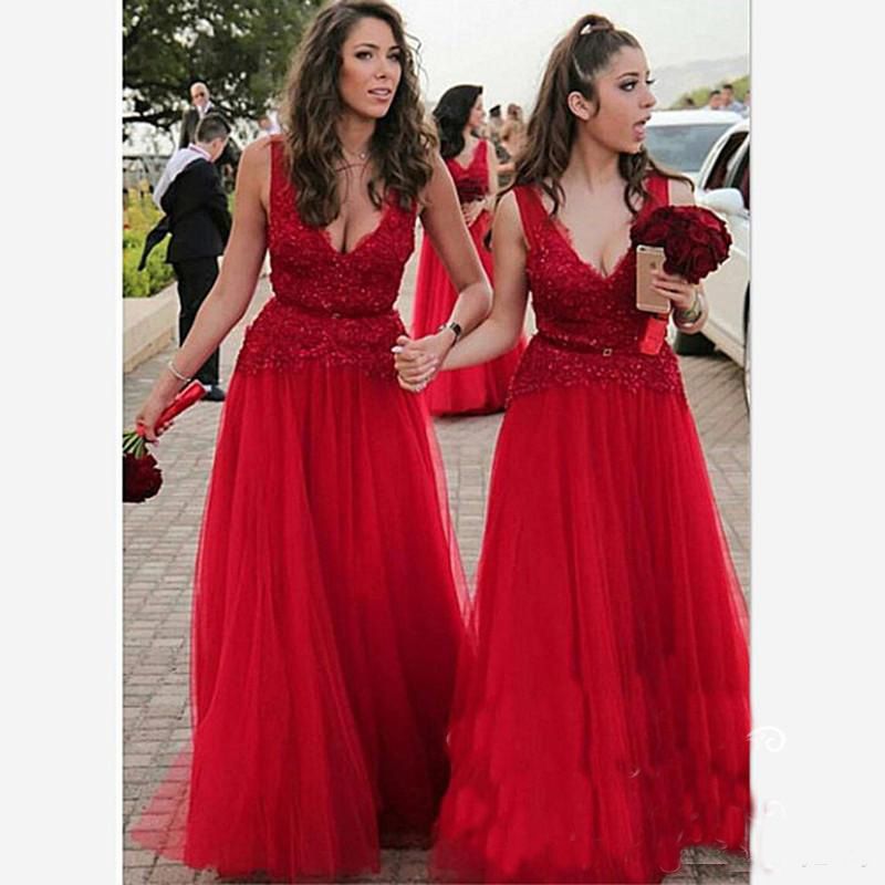 Tulle Rosso A Line Abiti Lunghi Da Damigella Donore 2019 Collo A Spallina  Sexy Appliques Pizzo Abiti Da Sposa Da Ospite Vestito Da Damigella Donore  Le Donne Da 88,36 € | DHgate Italy