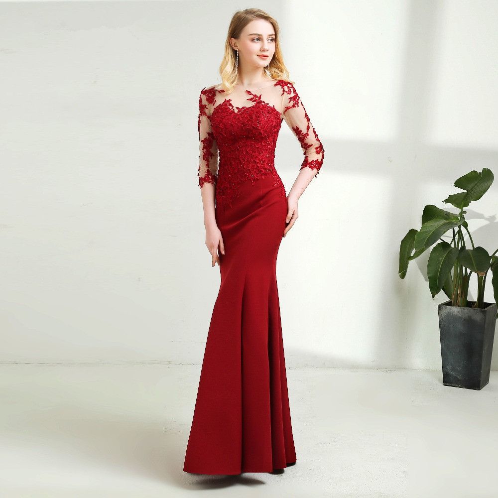 Sirena Vestido de noche largo Sheer Mangas tres cuartos Elegante el suelo Rojo oscuro Vestidos de baile 2019