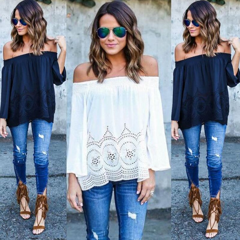 Chic Lady Off-Shoulder Casual Floral Long Sleeve Shirt Blouse Loose T-shirt Top