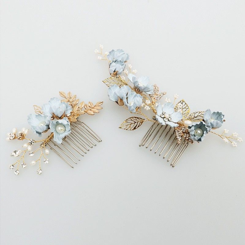 Charming Blue Flower Hair Comb Bridal Pins Pearls Handmade Wedding