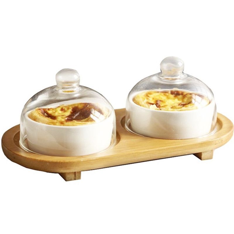 2021 Double Dessert Bowls With Glass Lid Ceramic Wood Tray Cake Salad