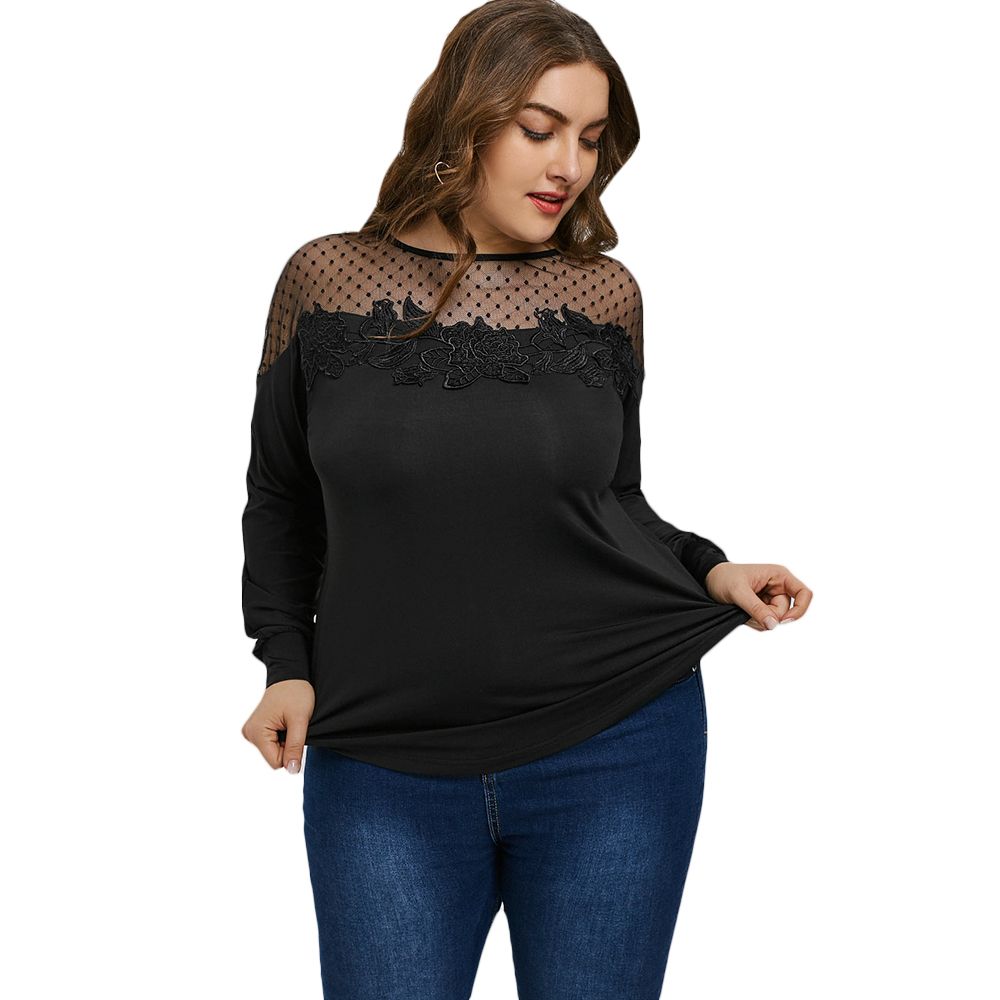 Compra AZULINA Plus Size Mesh Panel Floral Apliques Mujeres Blusas Camisas  Manga Larga Casual Negro Señoras Tops Blusa Moda Blusas 5XL Barato |  Entrega Rápida Y Calidad | Es.Dhgate