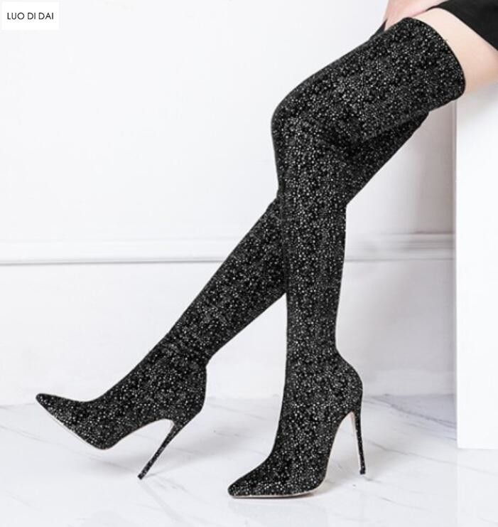 thigh high glitter heels