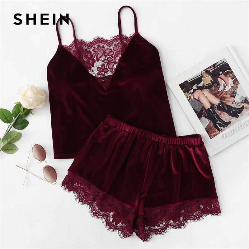 Compra SHEIN 2018 Lace Trim Velvet Cami Shorts Pijamas Set Mujeres Burgundy  Plain Spaghetti Correa Sin Mangas Sexy Summer Sleepwear S1015 Barato |  Entrega Rápida Y Calidad | Es.Dhgate