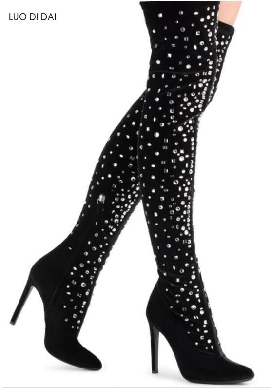 thigh high boots with rhinestones