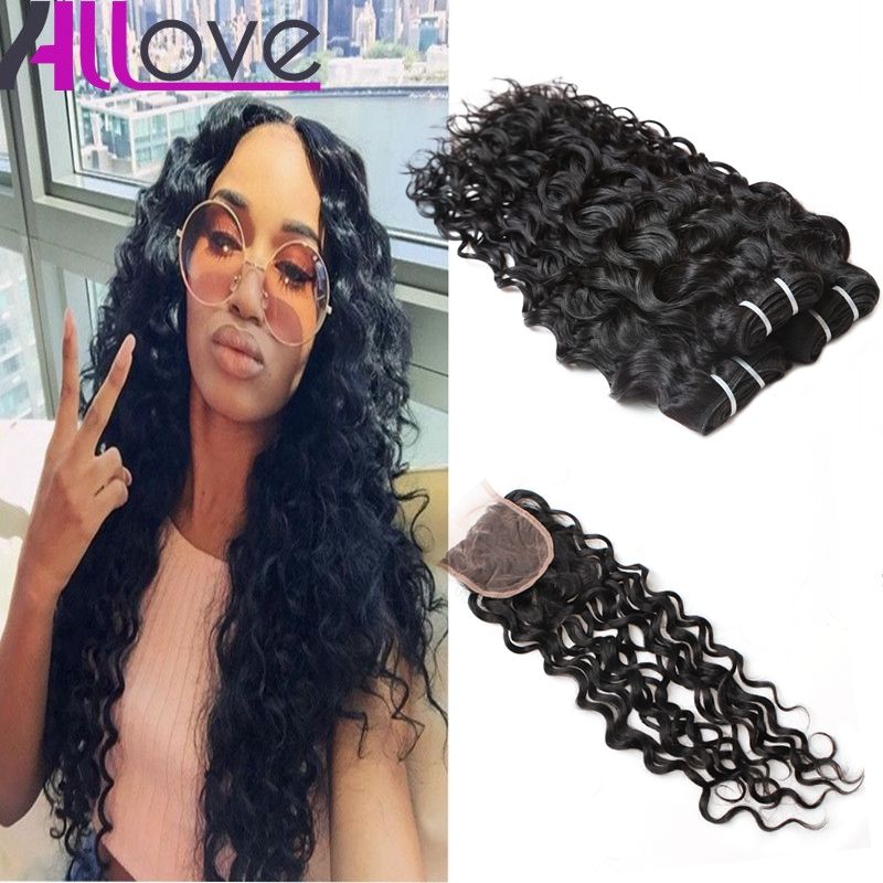 Brazilian Human Hair Bundles With Closure Water Wave Peruvian Hair