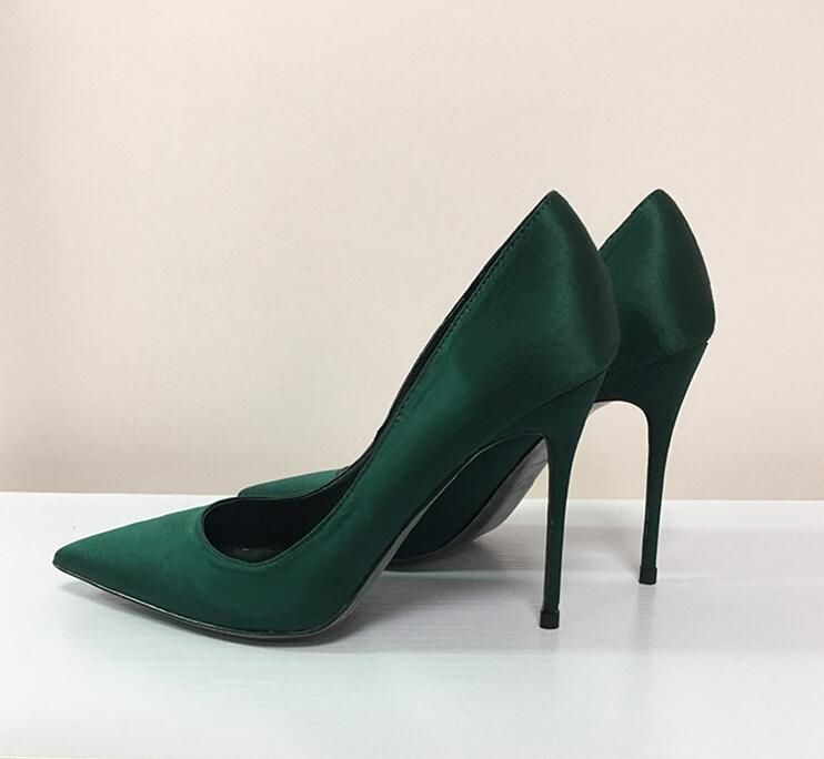 green satin high heels