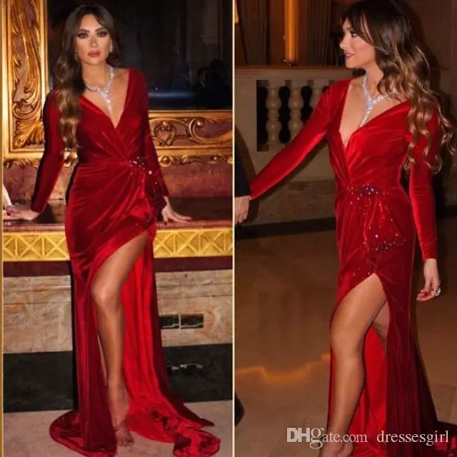 v neck red velvet dress