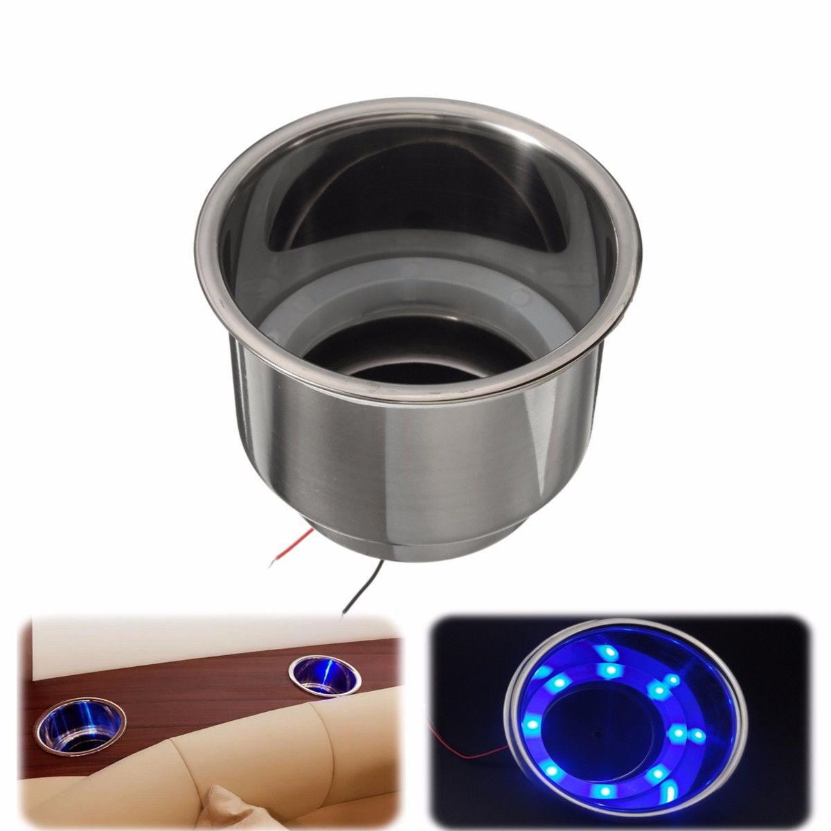 8 LED RGB Car Recessed Cup Drink Holder Stainless Steel Cup Holder For