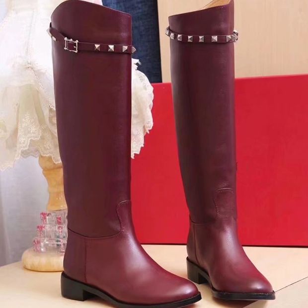 red leather knee high flat boots