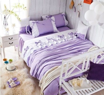 Luxury Purple Lilac Lace Ruffle Bedding Set Full Queen King Cotton