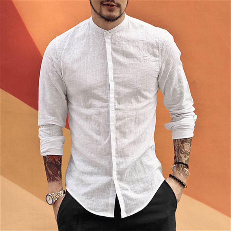 Casual Mandarin Collar Camisas Hombre Algodón Lino Marca Slim Hombre Camisas de