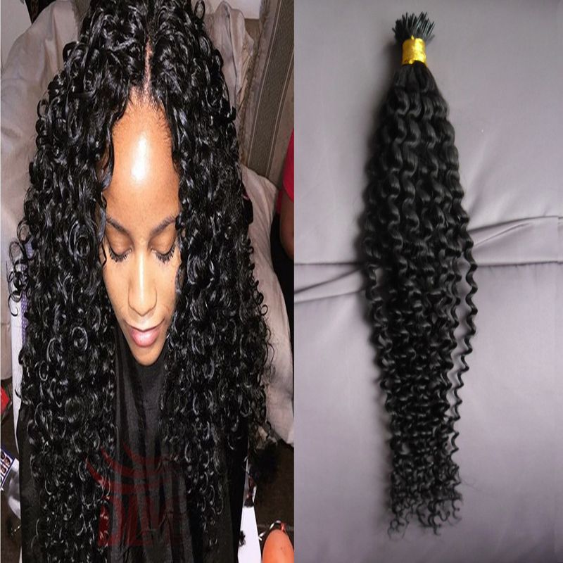 Jet Black Kinky Curly Human Pre Bonded Fusion Hair I Tip Stick