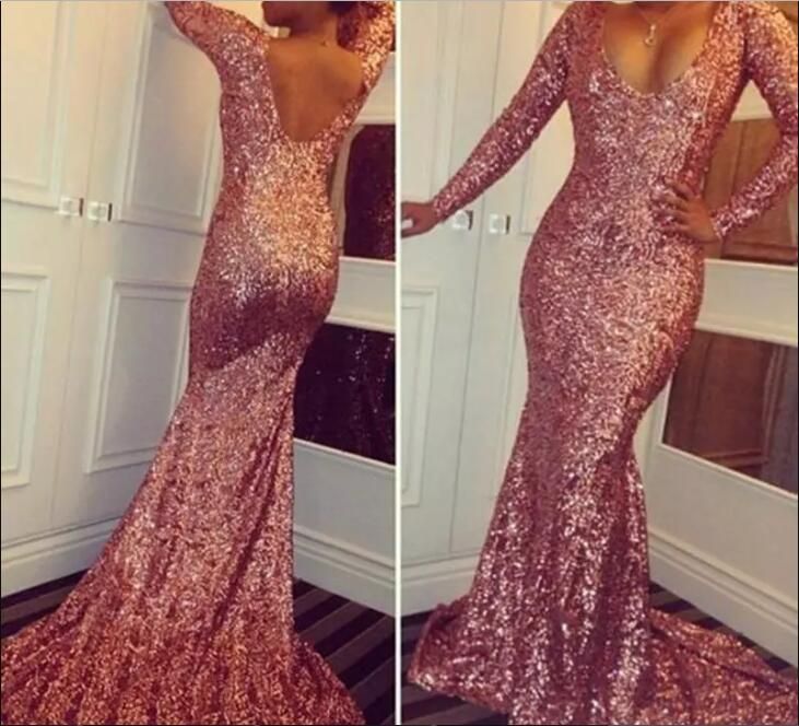 Rose Gold Sequins Mermaid Prom Dresses Long Sleeves Robe De Soiree Floor Length Dubai Backless Formal Evening Event Wears Cheap Affordable Prom