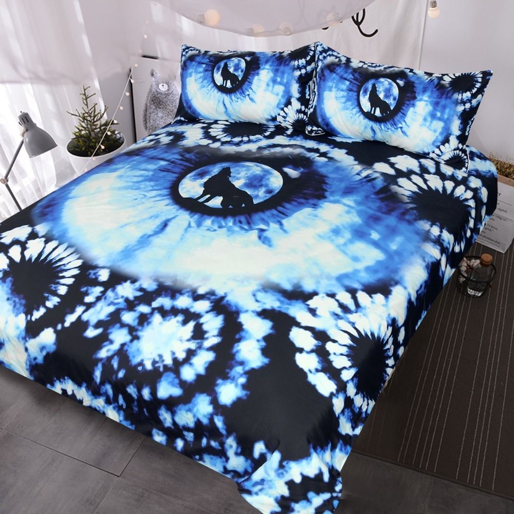 Eye Of The Wolf Bedding Set Black And Blue Watercolor Tye Dye