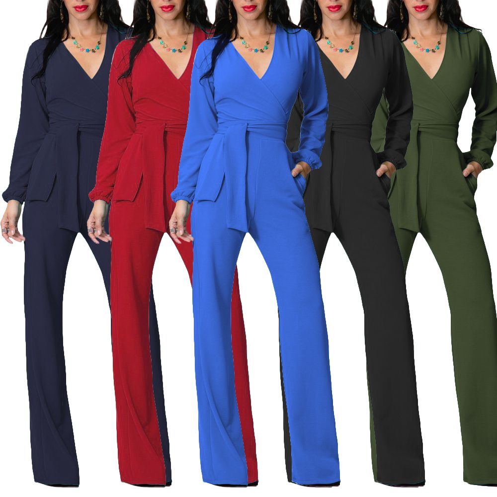 Mono Formal De Manga Larga De Color Con Cuello En V Para Muj Mono Formal De Manga Larga De Color Con Cuello En V Para Muj