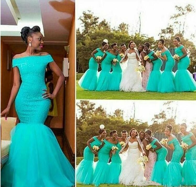 2020 Damas De Honor La Aguamarina Africanas Del Cordón Vestidos De La Sirena Hombro Piso Longitud De Nigeria Criada De Huésped De La Boda Del Partido De Vestidos Más