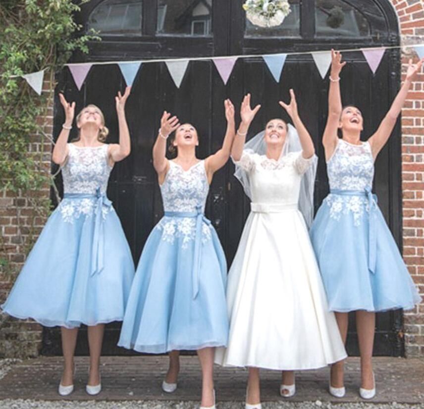 light blue tea length wedding dresses